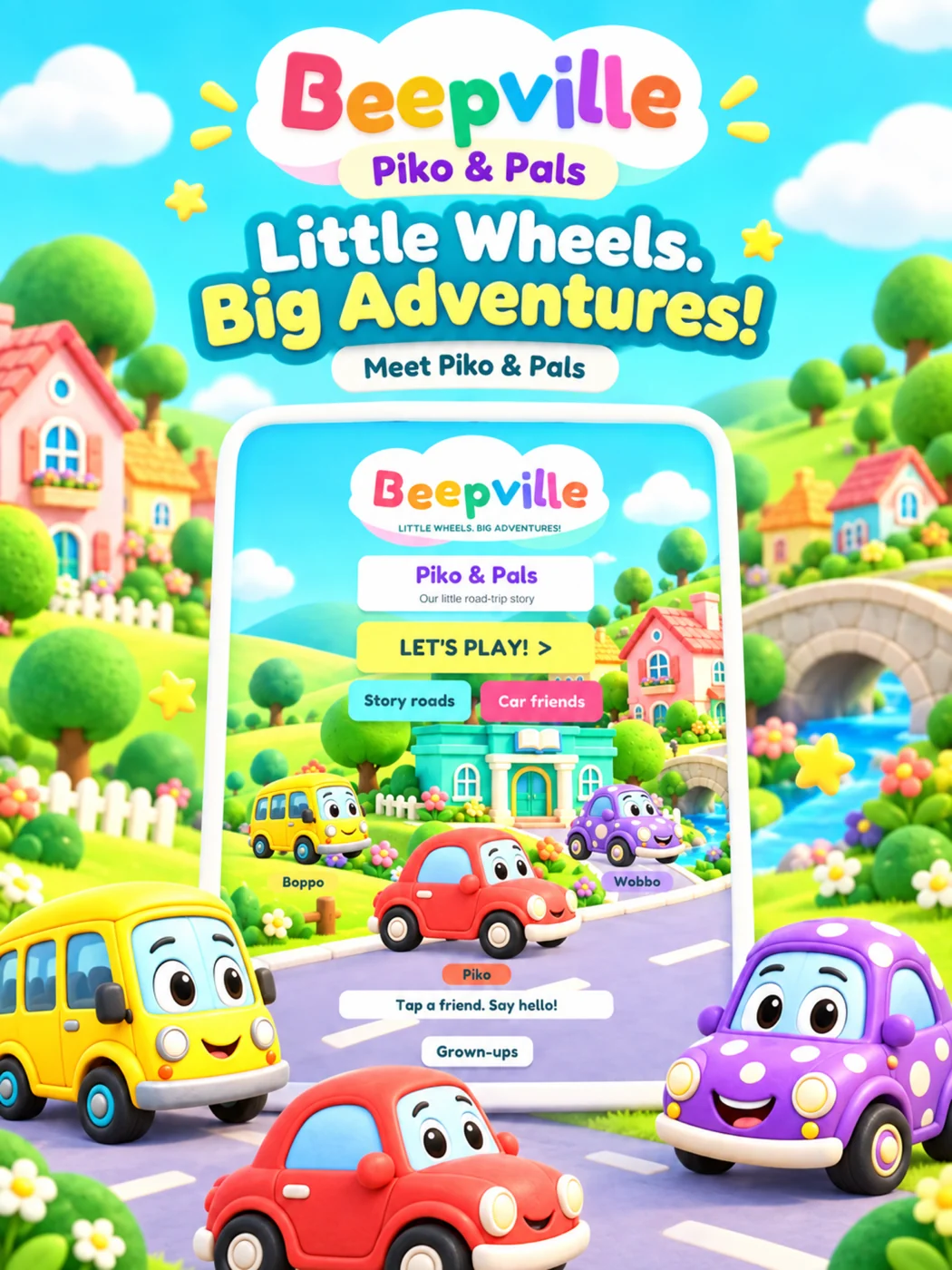 Beepville promotional illustration with Piko and a colorful road-building world