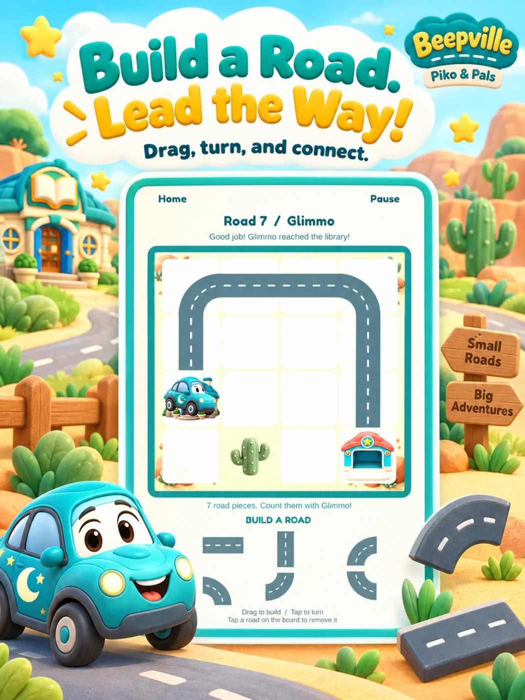 Beepville promotional illustration of Piko on a buildable road